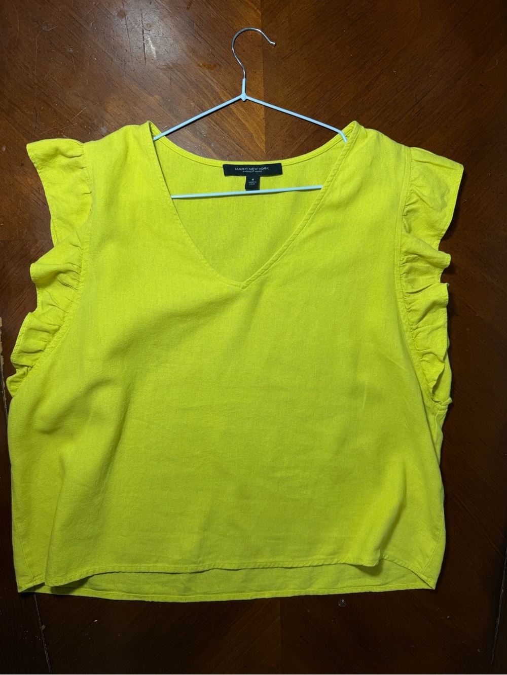 Marc New York Andrew Marc Linen Blend Ruffle Sleeve Top Lime Green Size M